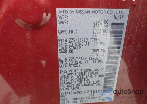 2019 Nissan Rogue Sl from USA, damaged, VIN 5N1AT2MV0KC723809